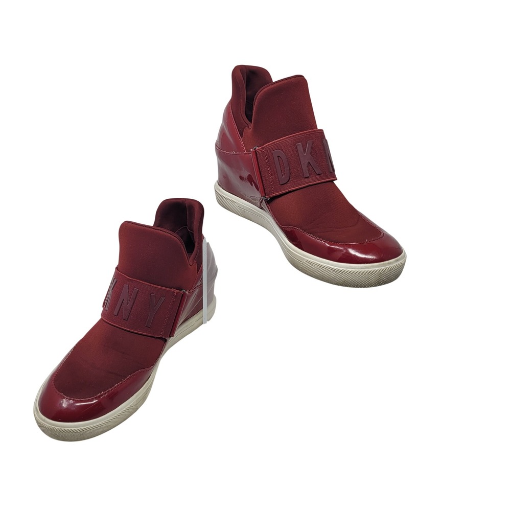 DKNY Streetwear Cosmos Maroon Burgundy Patent Neoprene Hidden Wedge Sneakers
